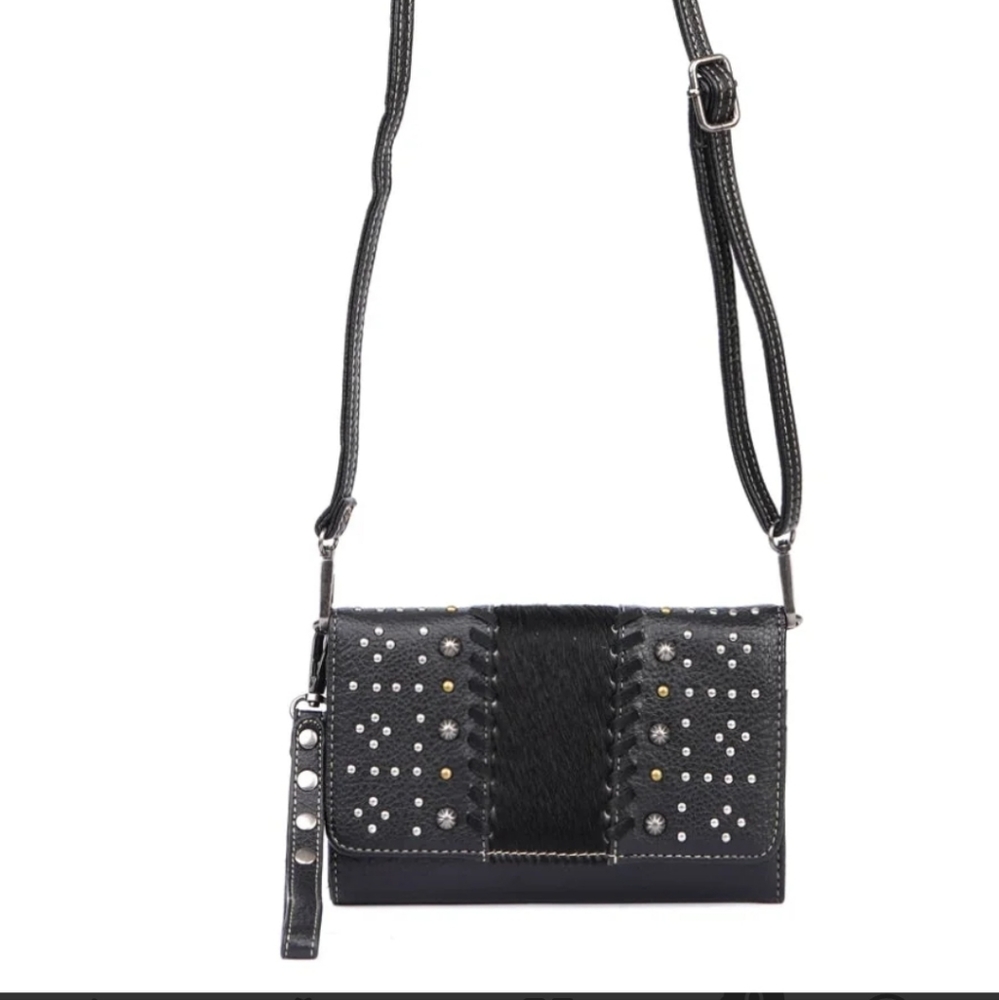 Montana West Studded Cowhide black wallet/ clutch with strap